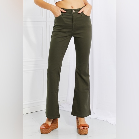 Zenana Clementine High-Rise Bootcut Jeans in Dark Olive - Picture 1 of 9